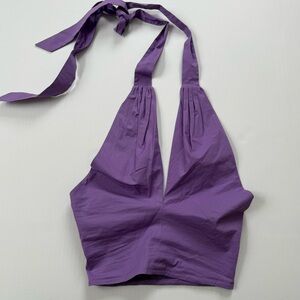 STAUD Purple Halter Tie Back Crop Top XS Smocked Back Open Back Festival